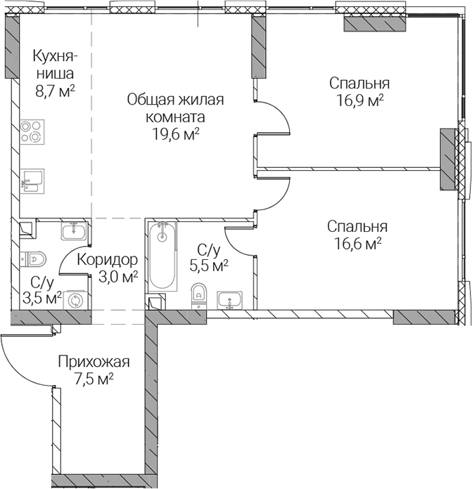 Планировка: Евротрёшка 81,3 м² в ЖК «СЕЗАР СИЛИКА»