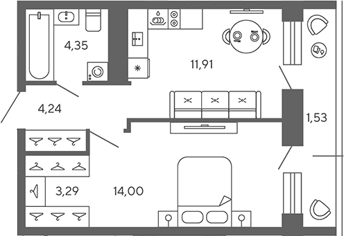 Планировка: 1-комнатная квартира 37,8 м² в ЖК «Экоквартал Гармония»