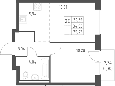 Планировка: Евродвушка 34,5 м² в ЖК «Горки Парк»
