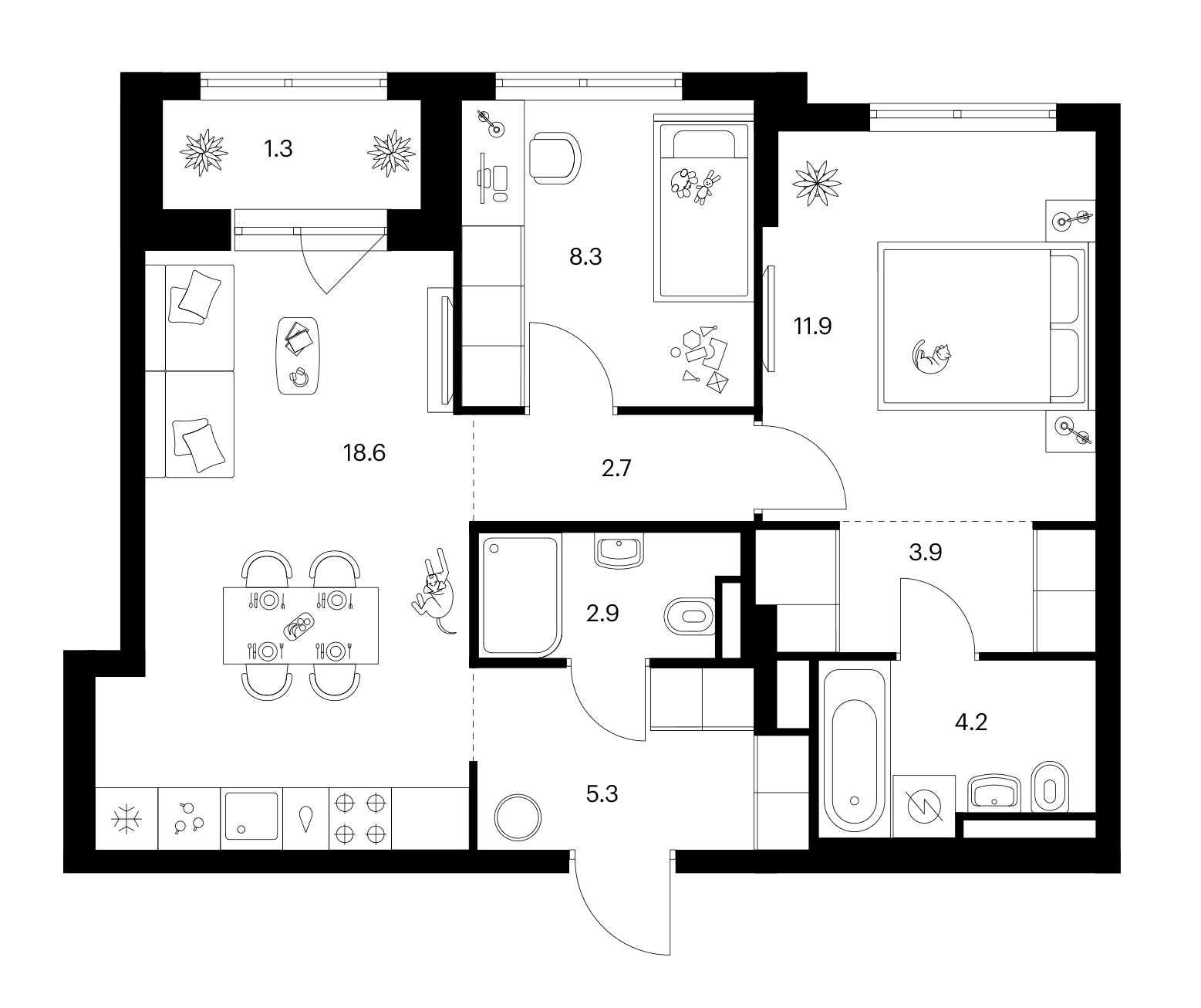 Планировка: 2-комнатная квартира 57,8 м² в ЖК «Ярославский»