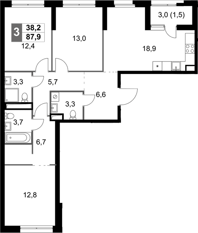 Планировка: Квартира евро-4 86,4 м² в ЖК «Скай Гарден»