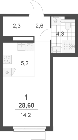 Планировка: Студия 28,6 м² в ЖК «Скандинавия»