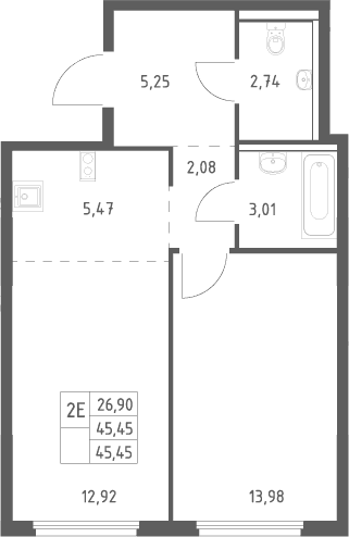 Планировка: Евродвушка 45,5 м² в ЖК «Пригород Лесное»