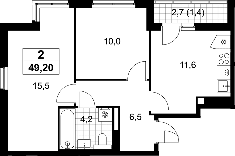 Планировка: 2-комнатная квартира 47,8 м² в ЖК «Деснаречье»