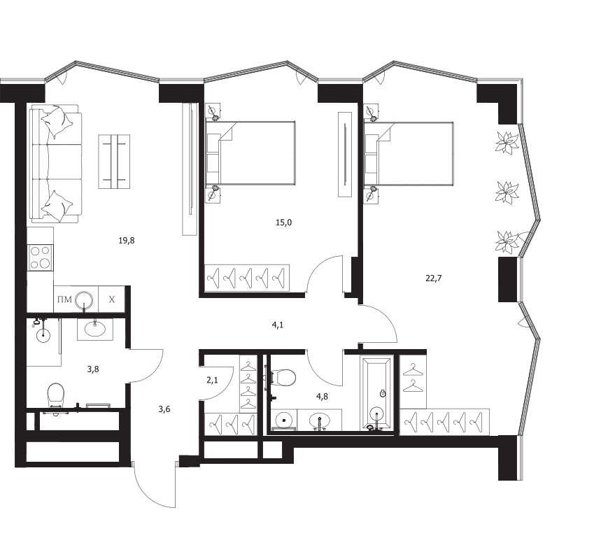Планировка: Евротрёшка 75,9 м² в ЖК «A. Residence»