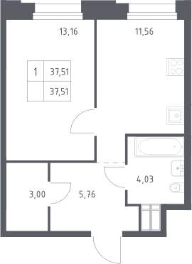 Планировка: 1-комнатная квартира 37,5 м² в ЖК «Тропарево Парк»