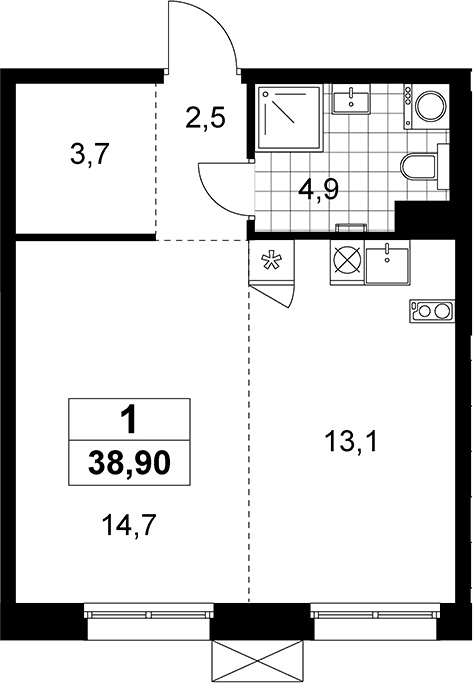 Планировка: Студия 38,9 м² в ЖК «Дзен-кварталы»
