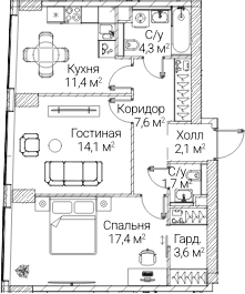 Планировка: 2-комнатная квартира 61,8 м² в ЖК «СЕЗАР БУДУЩЕЕ»
