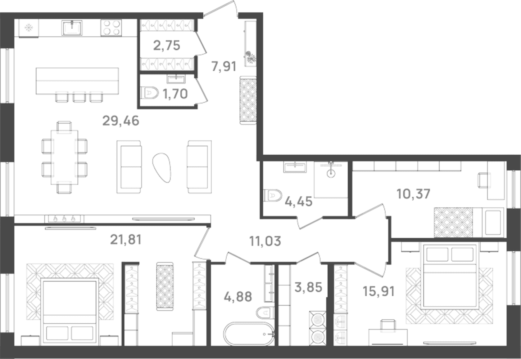 Планировка: Квартира евро-4 114,1 м² в ЖК «6 Квартал»