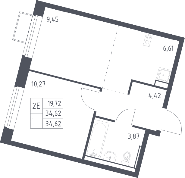 Планировка: Евродвушка 34,6 м² в ЖК «Молжаниново»