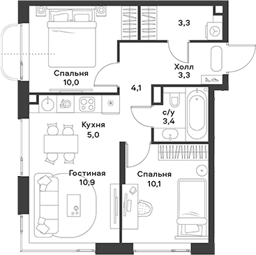Планировка: Евротрёшка 50,1 м² в ЖК «АЛИА»