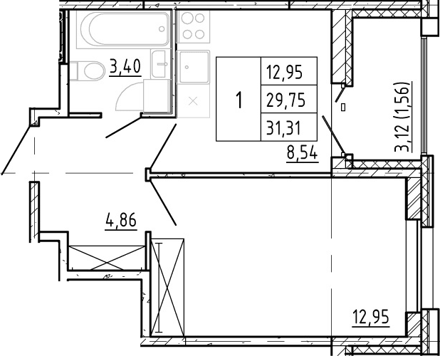 Планировка: 1-комнатная квартира 29,5 м² в ЖК «Полис Новоселье»