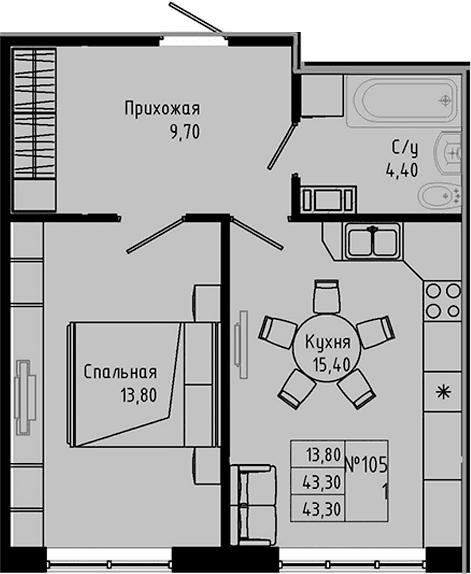 Планировка: Евродвушка 43,3 м² в ЖК «PIXEL»