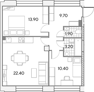 Планировка: Евротрёшка 61,5 м² в ЖК «Вейв»