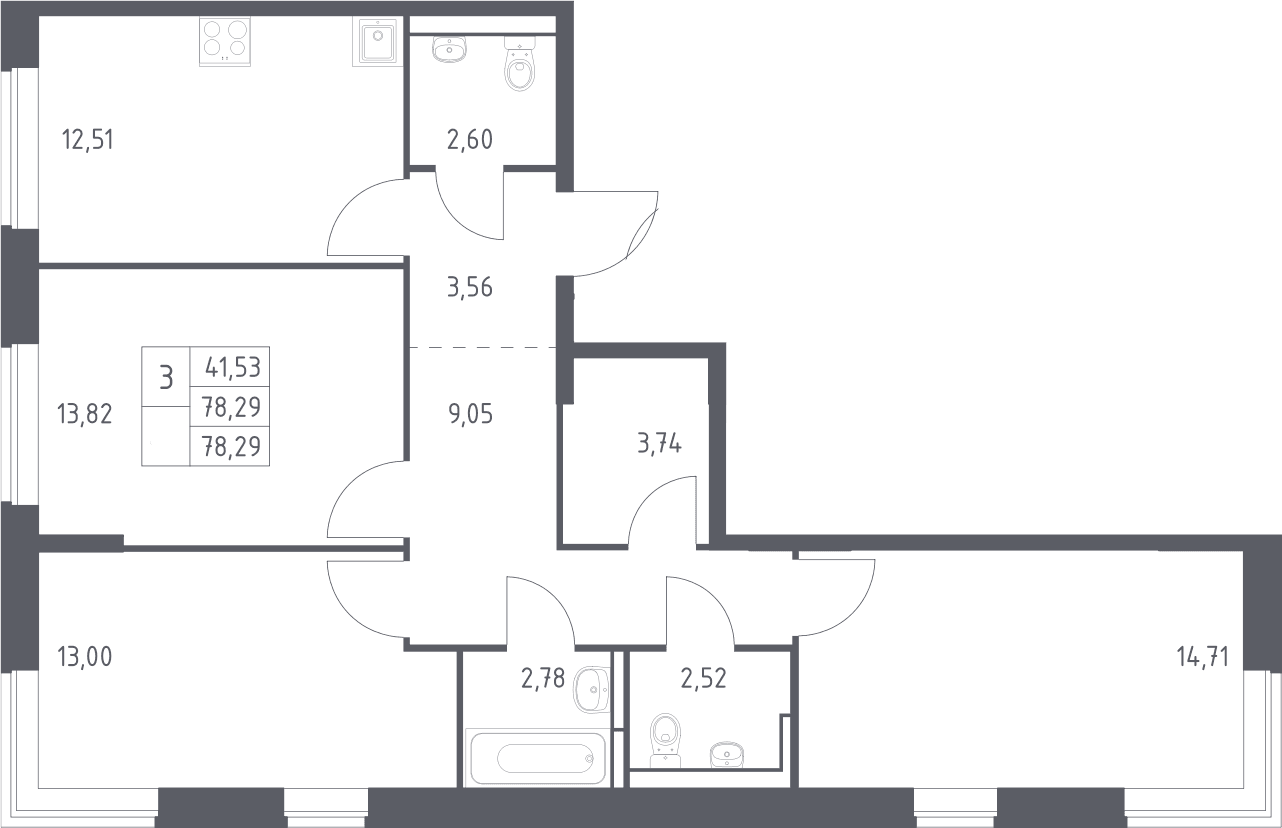 Планировка: 3-комнатная квартира 78,3 м² в ЖК «Богдановский лес»