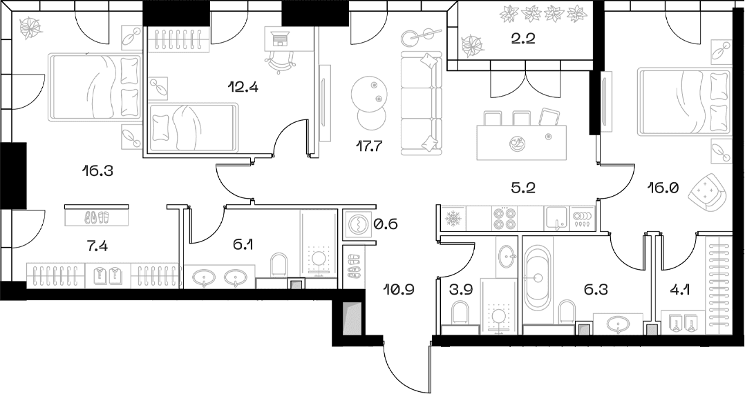 Планировка: Квартира евро-4 106,9 м² в ЖК «SHIFT»