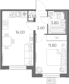 Планировка: Евродвушка 34,7 м² в ЖК «Зеркальный ручей»
