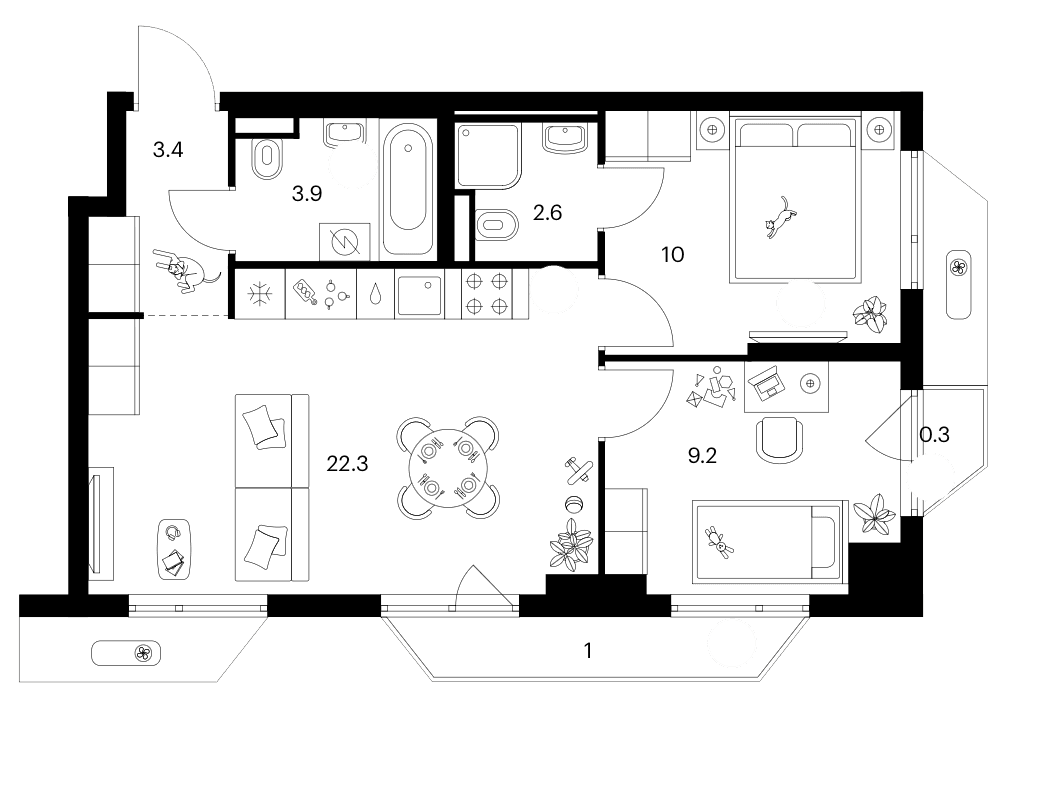 Планировка: 2-комнатная квартира 51,4 м² в ЖК «Зеленый парк»