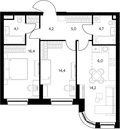 Планировка: Евротрёшка 69,7 м² в ЖК «Адмирал»