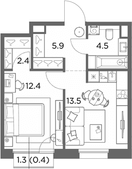 Планировка: 1-комнатная квартира 38,7 м² в ЖК «Станиславский»