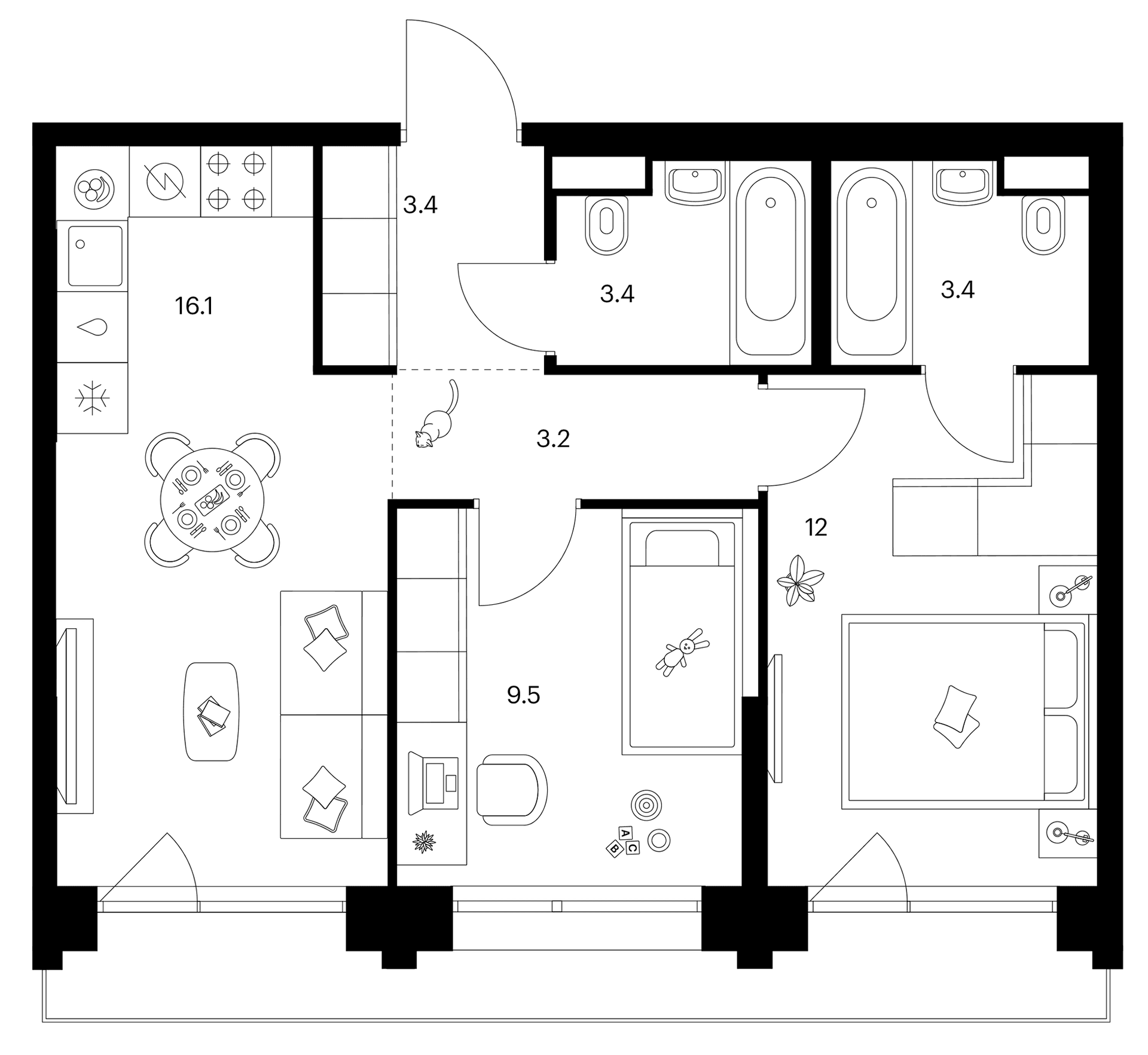 Планировка: 2-комнатная квартира 52,5 м² в ЖК «Строгино 360»