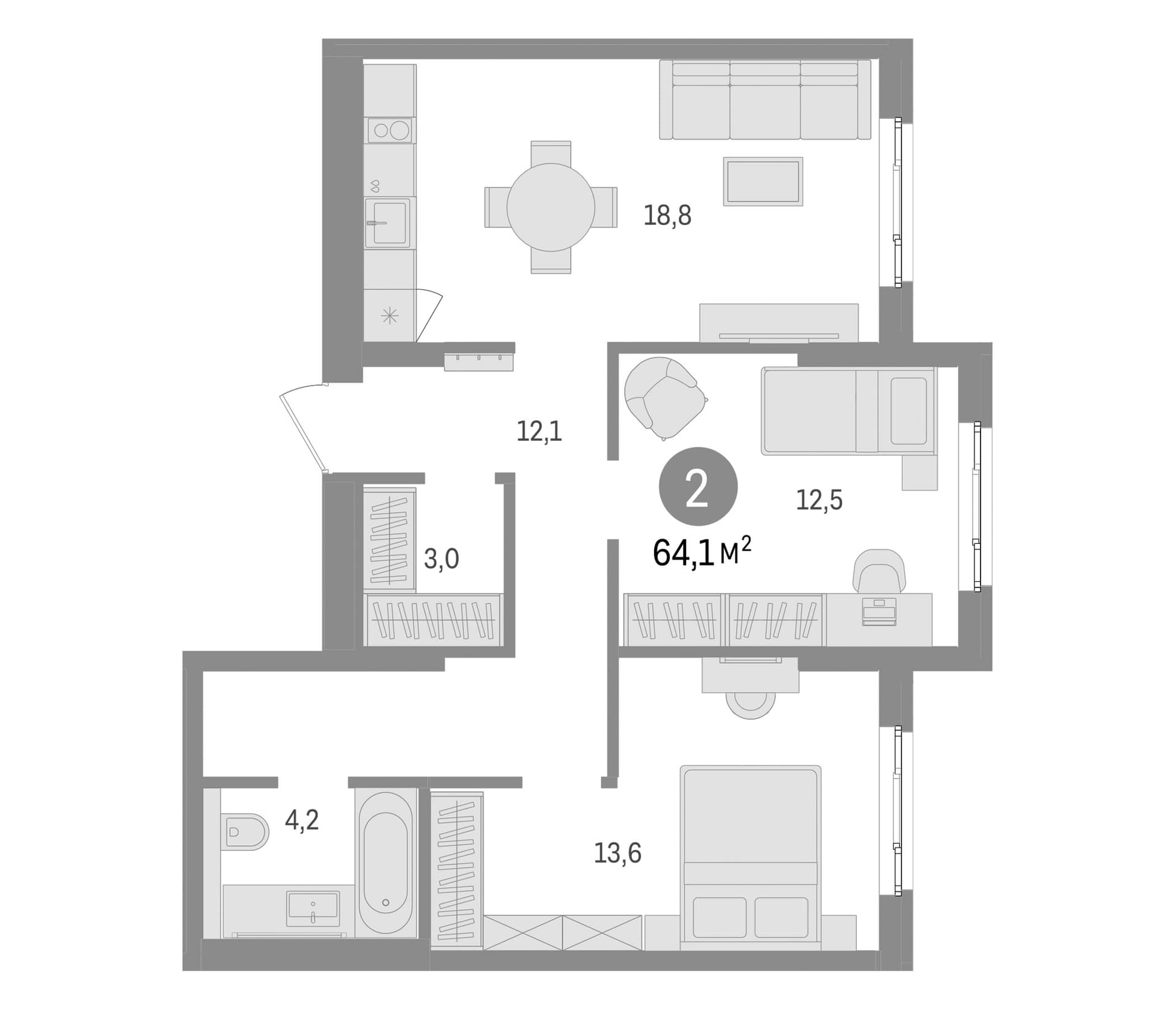 Планировка: Евротрёшка 64,1 м² в ЖК «Брусника в Новоселье»