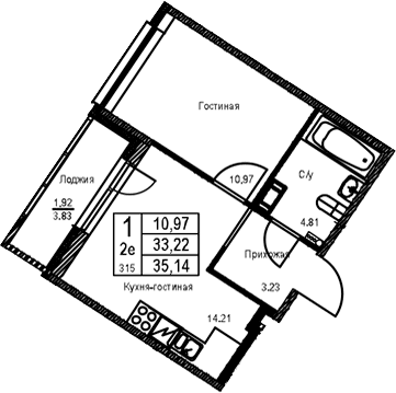 Планировка: Евродвушка 33,2 м² в ЖК «ID Kudrovo II»