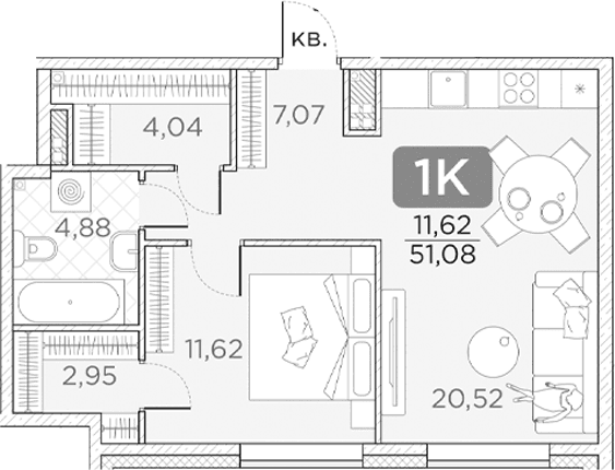 Планировка: Евродвушка 51,1 м² в ЖК «Гильдия»