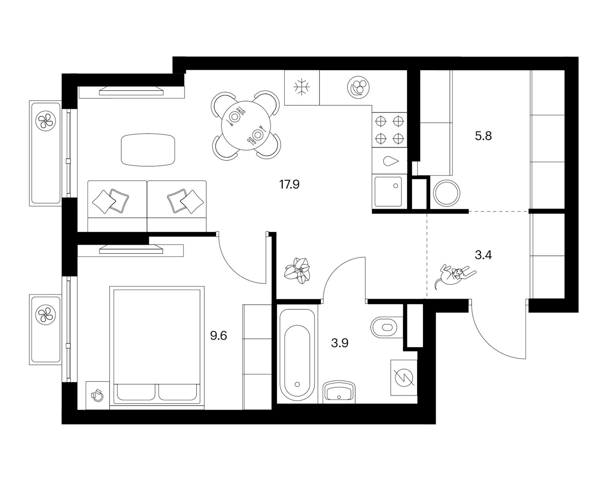 Планировка: 1-комнатная квартира 39,2 м² в ЖК «Белая Дача парк»