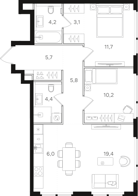 Планировка: Евротрёшка 70,5 м² в ЖК «НАЗАРЕ»