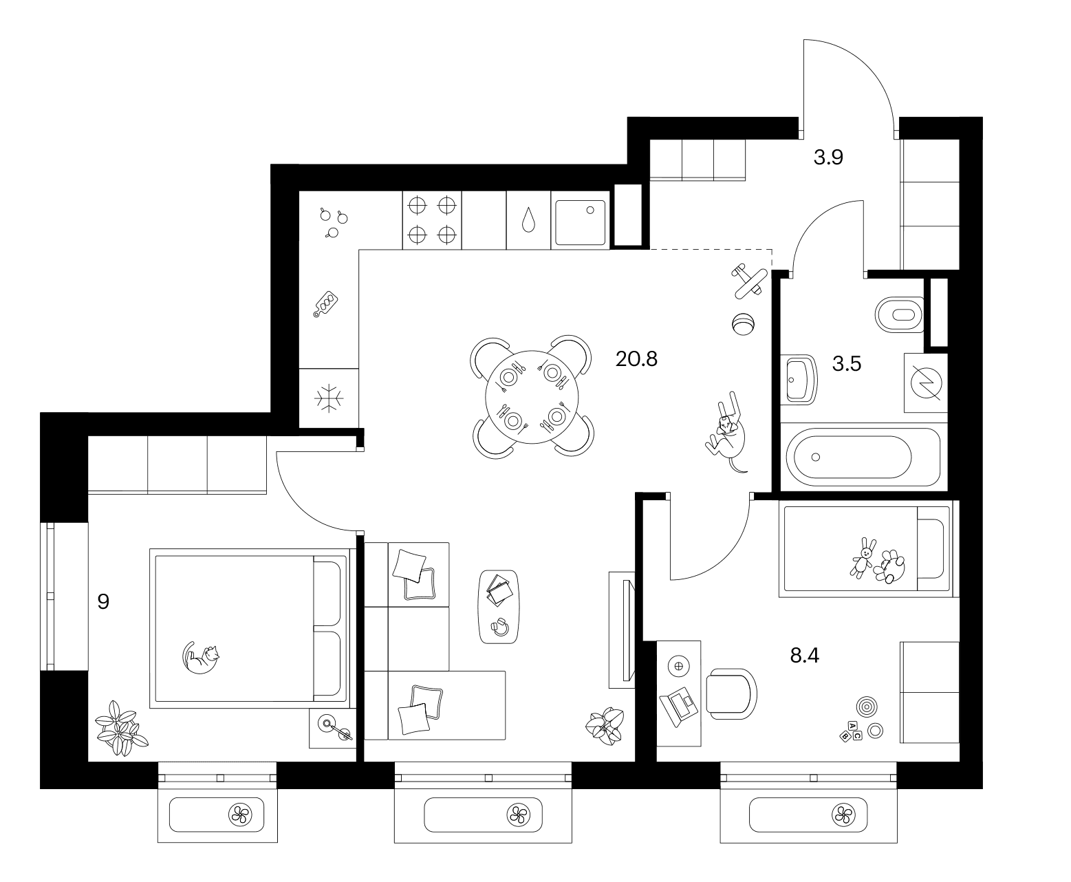 Планировка: 2-комнатная квартира 45,6 м² в ЖК «Ярославский»