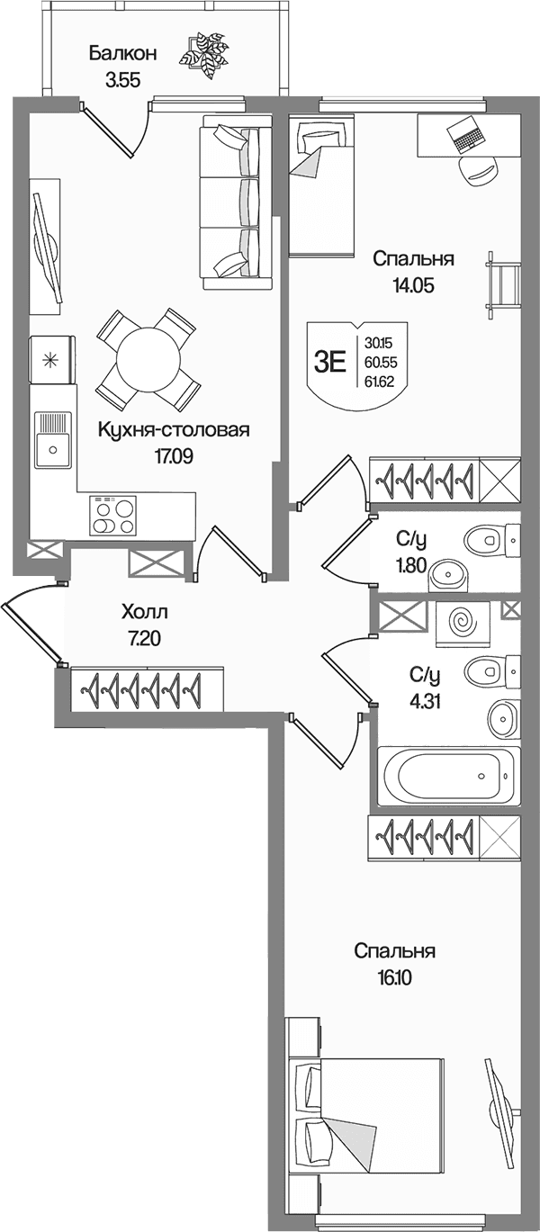 Планировка: Евротрёшка 60,6 м² в ЖК «Охтинские высоты»