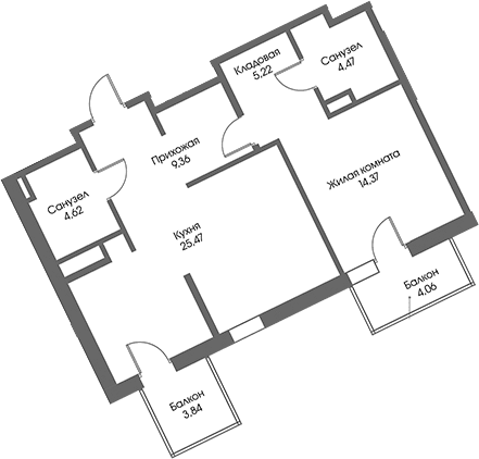 Планировка: 1-комнатная квартира 63,5 м² в ЖК «Рощино Резиденс»
