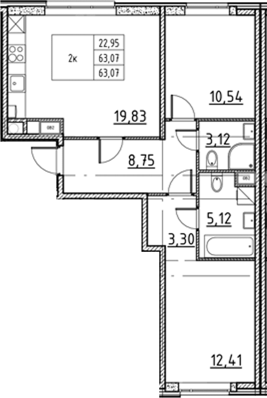 Планировка: Евротрёшка 63,1 м² в ЖК «Соло.Петергоф»