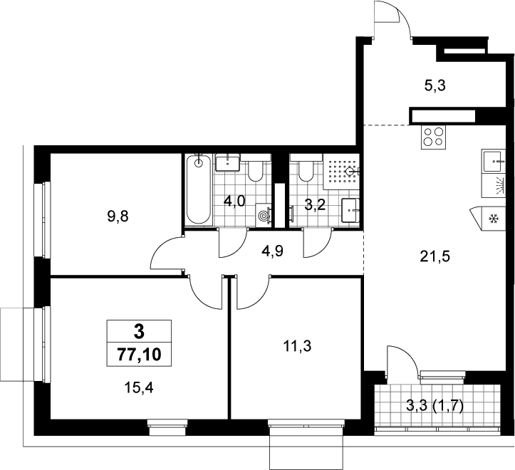 Планировка: Квартира евро-4 75,4 м² в ЖК «Деснаречье»