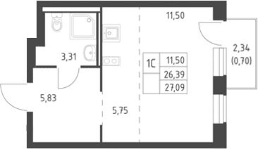 Планировка: Студия 26,4 м² в ЖК «Горки Парк»