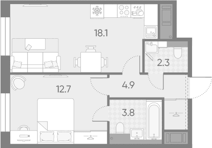 Планировка: Евродвушка 41,8 м² в ЖК «Большая Охта»