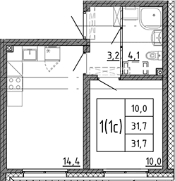 Планировка: Евродвушка 31,7 м² в ЖК «Ручьи 2»