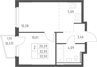 Планировка: Евродвушка 32,9 м² в ЖК «Егорово парк»