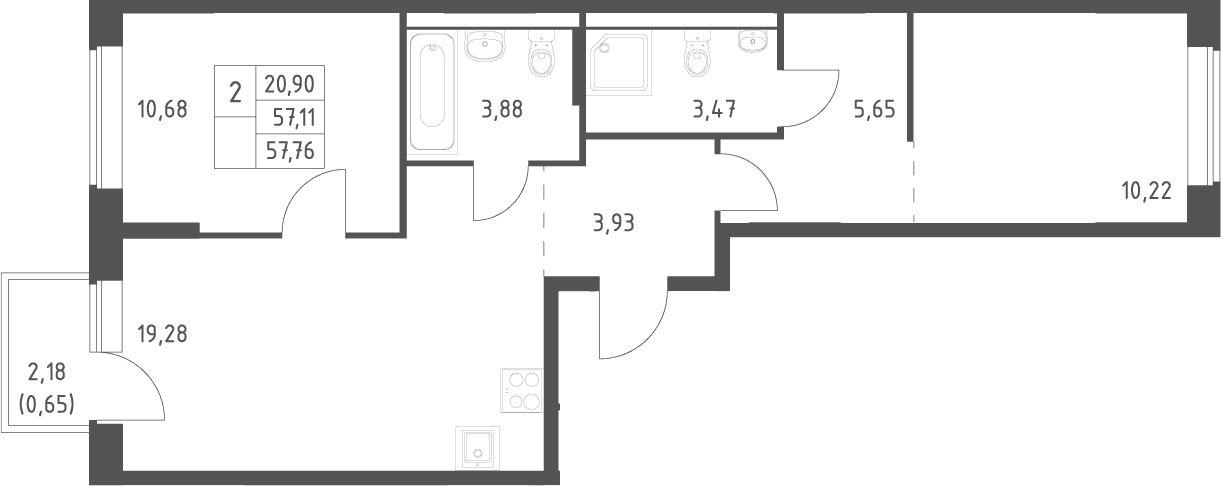 Планировка: Евротрёшка 57,1 м² в ЖК «Большое Юрлово»