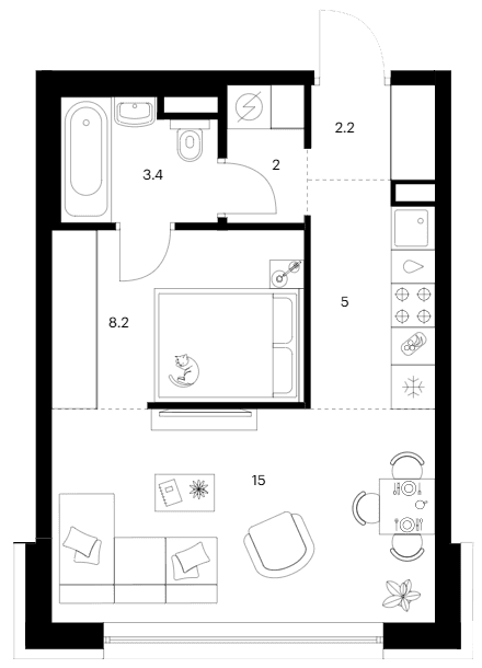 Планировка: Студия 35,8 м² в ЖК «Москворечье»