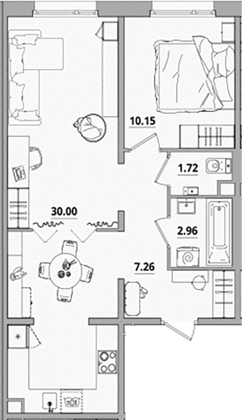 Планировка: Евродвушка 52,1 м² в ЖК «Тишин»