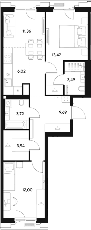 Планировка: Евротрёшка 63,7 м² в ЖК «ЭВО»