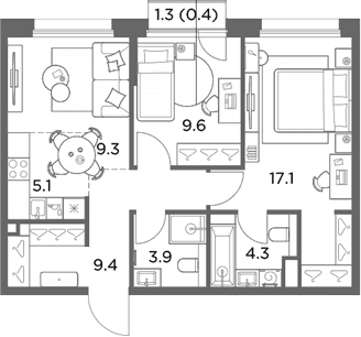Планировка: Евротрёшка 58,7 м² в ЖК «Станиславский»