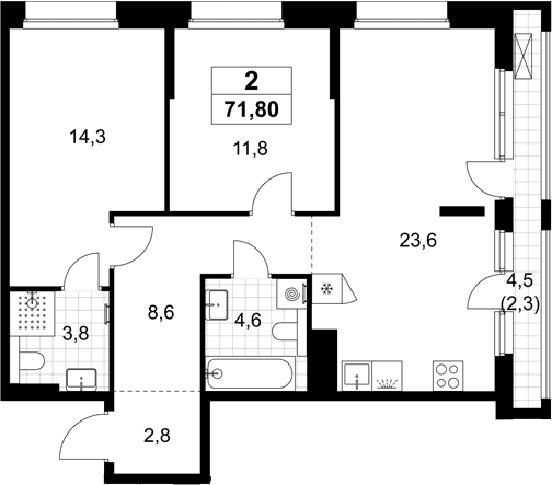 Планировка: Евротрёшка 69,5 м² в ЖК «Хольм»