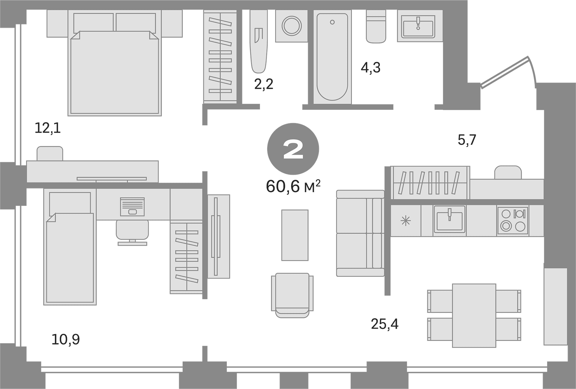 Планировка: 2-комнатная квартира 60,6 м² в ЖК «Дом А»