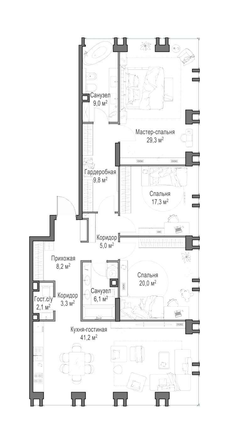 Планировка: Квартира евро-4 151,4 м² в ЖК «Квартал Life Time»