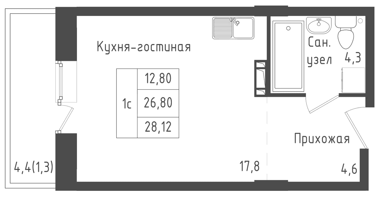 Планировка: Студия 26,7 м² в ЖК «Зеленый город»