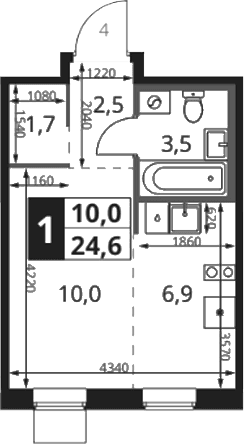Планировка: Студия 25,2 м² в ЖК «1-й Ясеневский»