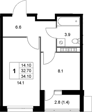 Планировка: 1-комнатная квартира 32,7 м² в ЖК «Легенда Коренево»
